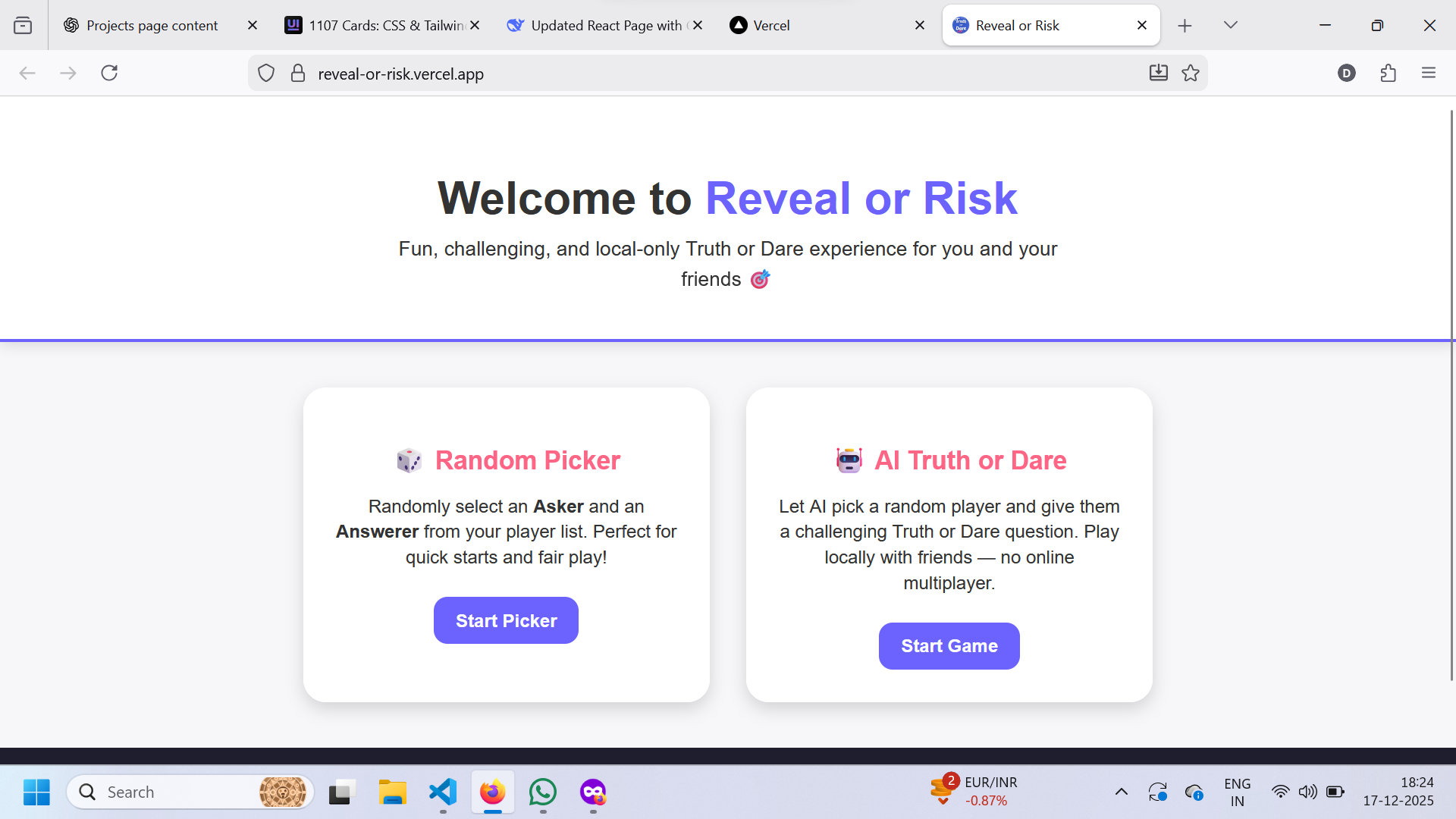 Risk or Reveal screenshot